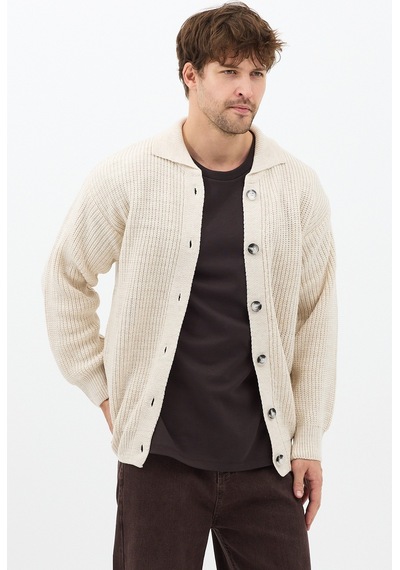 Tarz Cool Erkek Düğme Detaylı Regular Fit Hırka Taş