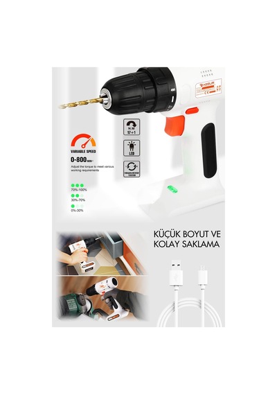 Assur 12V Type - c Usb Şarjlı Akülü Vidalama Dahili Batarya Matkap - 2103