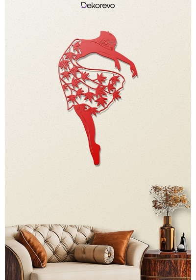 Zarafetin Dansı: Yaprak Detaylı Balerin Metal Duvar Tablosu - Metal Duvar Sanatı - Kırmızı - 30 X 50 Cm
