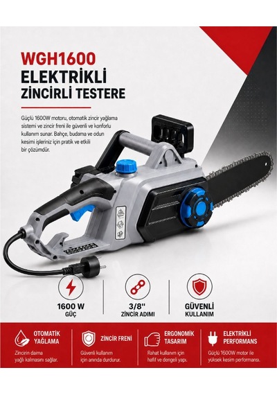 Algaride Wgh1600 1600w Elektrikli Zincirli Testere 40cm 3/8 91 Zincir Otomatik Yağlama Ve Zincir Frenli