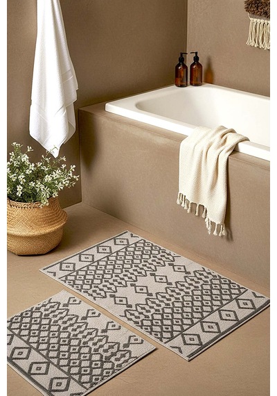 Gri Etnik Desen 2 Li Banyo & Klozet Paspas Takımı