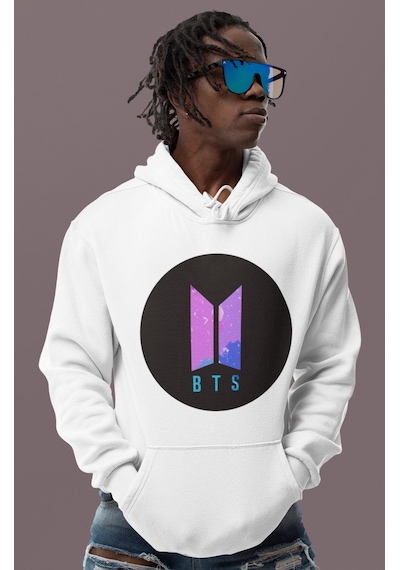Sevbano Bts Baskılı Unisex Oversize Müzik Grubu Hoodie beyaz