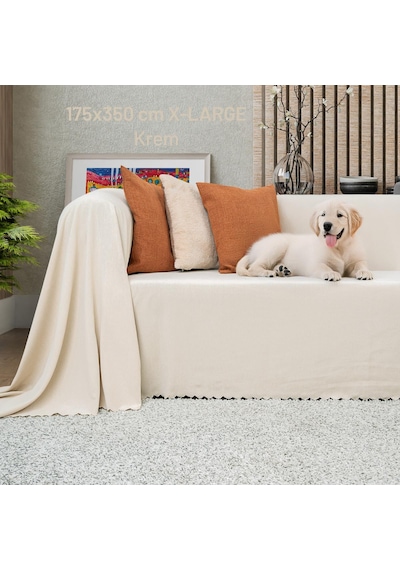 Kaymaz Koltuk Örtüsü Çift Taraflı Mikrofiber Şönil 175x350 Cm Xl- Krem Kedi Köpek Ve Çocuk Dostu krem