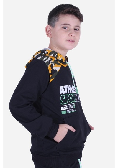 Fyk Kids Kanguru Cepli Kamufulaj Desenli Kapşonlu Bağcıklı Alt-üst Eşofman Takımı Siyah - Sarı