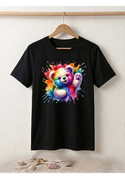 Sulu Boya Efektli Teddy Bear Baskılı Kompak T-shirt Siyah