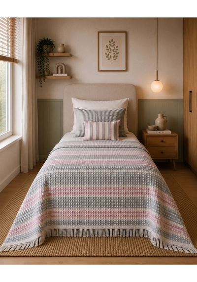 Tek Kişilik Pamuklu Pike 175x215 Cm Püsküllü Dokuma Yatak Örtüsü Çizgili Pembe