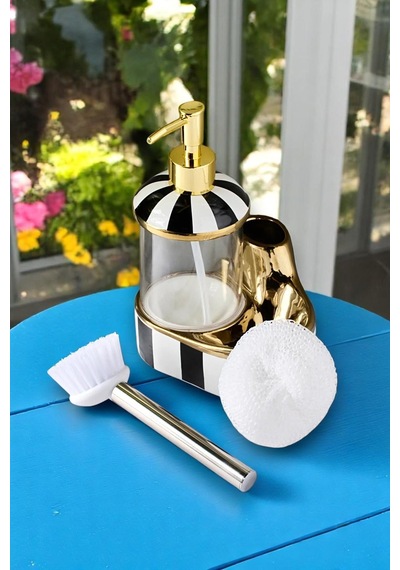 Cam Hazneli Porselen Mutfak Set Sıvı Sabunluk Çizgili 350ml 40099 Diğer
