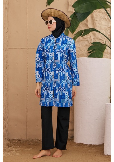 Hmm Swimwear Paraşüt Tam Kapalı Tesettür Mayo Desenli Dokuma 2224-189 Siyah
