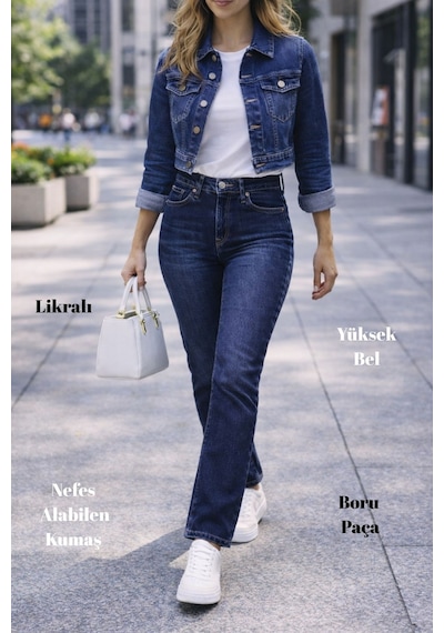 Cedy Denim Kadın Boru Paça Yüksek Bel Regular Fit Likralı Pantolon Mavi