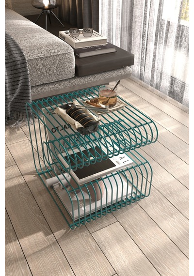 Santorini Tel Metal Tasarımlı Modern Paslanmaz Yan Sehpa, Dekoratif Metal Sehpa Boz Turkuaz