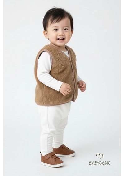 Babyden's Welsoft Erkek Bebek Çocuk Çıtçıtlı Yelek Ayıcık Armalı, Yumuşak Peluş Bebek Yeleği Kahverengi