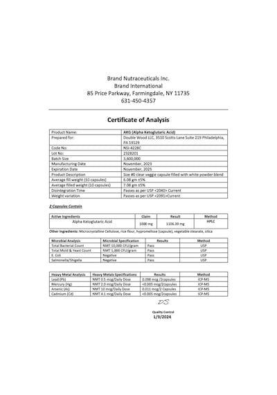 Double Wood Alpha-ketoglutaric Acid Akg 1000mg 180 Capsul....