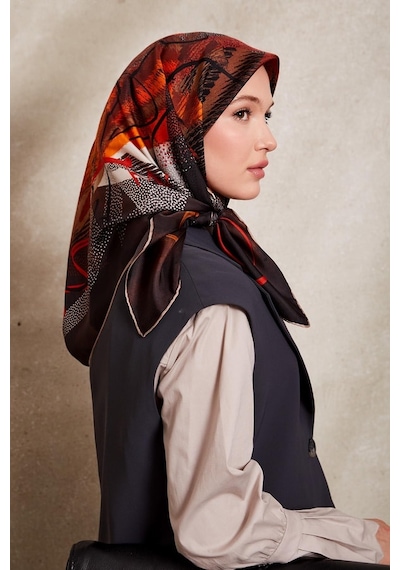 Levidor Karmaşık Desen Twill İpek Eşarp-0915 Koyu Kahve