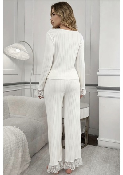 Bella Notte Bej Pamuklu Pamuklu Yumuşak Dantel Detaylı Pijama Takımı