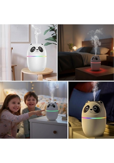Sevimli Panda Figürlü Hava Nemlendirici Ultrasonik Soğuk Buhar Makinesi, Led Işıklı Masaüstü Oda N