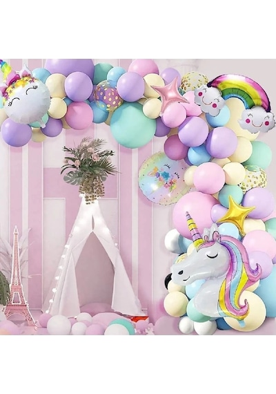 Gökkuşağı Konseptli Unicorn Temalı Makaron Balon Doğum Günü Parti Kutlama Seti Tüm Yaşlar