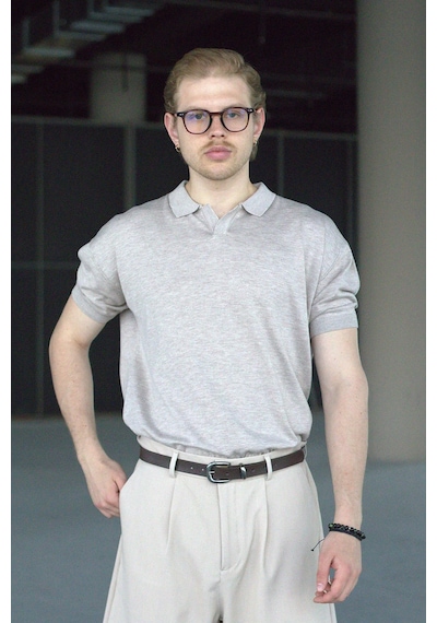 Erkek Oversize Pamuklu Polo Yaka Triko T-shirt Bej