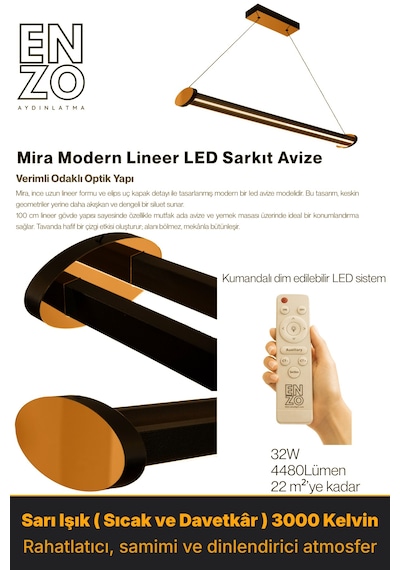 Mira Bronz Lineer Led Sarkıt Avize Kumandalı Dim Edilebilir Aşağı Işık Sarı Işık