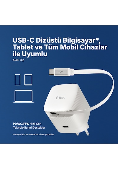 Ttec Smartcharger Gan 65W PD Seyahat Hızlı Şarj Aleti USB-C + Dahili PD 65W 70 CM USB-C Şarj Kablosu