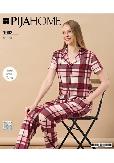 Pijahome Kadın Viskon İpeksi Dokulu Kısa Kollu Pijama Takımı Bordo
