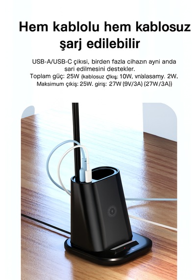 Güvenli Şarj Ve Modern Tasarım 3 Ü 1 Arada Kablosuz Şarjlı Masa Lambası Kalemlik Siyah