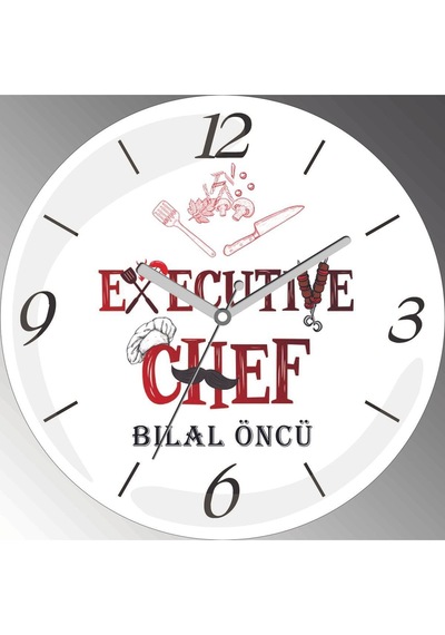 Kişiye Özel Şef Executive Şef Çap 30cm Sessiz Akar Bombeli Gerçek Cam Duvar Saati Siyah