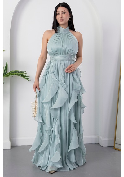 Kalopya Halter Yaka Eteği Fırfırlı Saten Elbise Eli6073 Mint