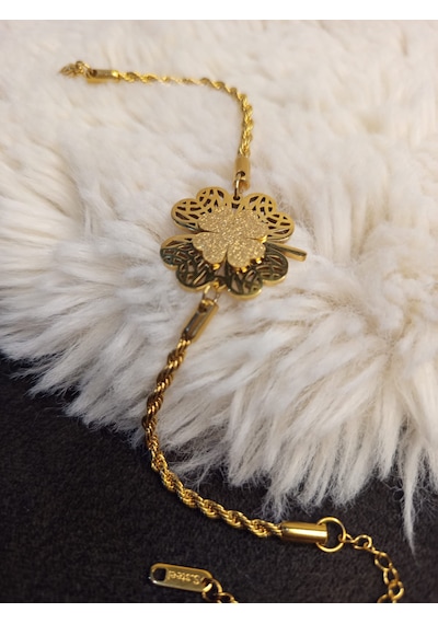 Stainless Steel Hasır Kordon Yonca Çelik Bileklik Gold