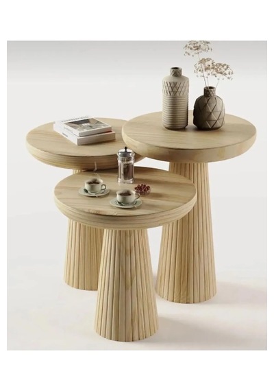 Wood Wooden 3 Lü Set Fitilli Mantar Yan Sehpa Modern Ahşap Renk