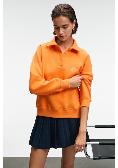 Grımelange CAMIREL Kadın Polo Yaka Düğmeli Nakış Detaylı Reglan Kol Comfort Fit Turuncu Sweatshirt