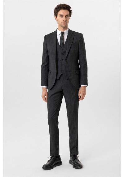 Süvari Siyah Slim Fit Desenli Mono Yaka 6 Drop Yelekli Klasik Takım Elbise-35634 Siyah