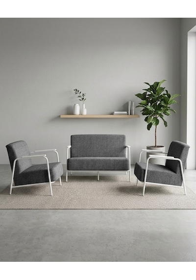 Atlas 2+1+1 Dokuma Kumaş Ofis Cafe Bekleme Koltuk Takımı Beyaz Metal Gri