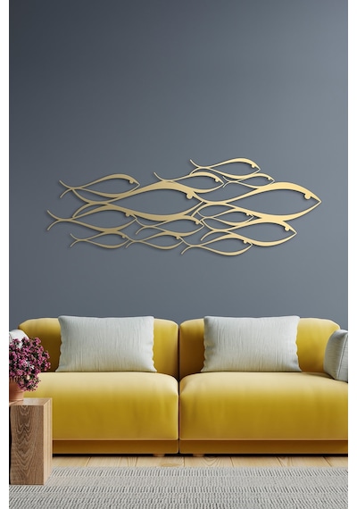 School Of Fish Metal Duvar Dekorasyonu - Gold - 150 X 53 Cm