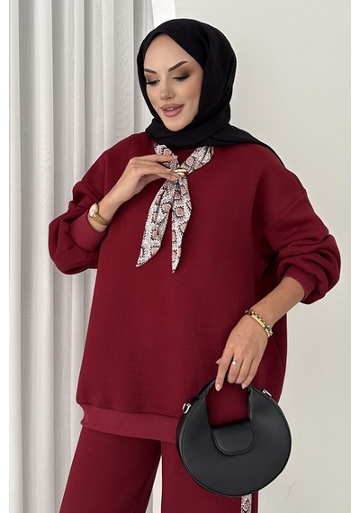 Bestenur Fularlı Üç İplik İkili Takım 1654 - Bordo Bordo