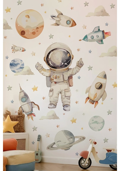 Uzay Temalı Duvar Sticker Seti 165 Parça Astronot, Roket, Gezegen Çocuk Odası Duvar Büyük Boy Dijital Baskı