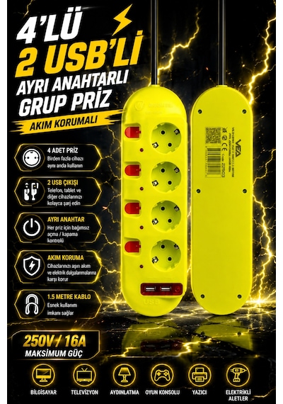 4'lü Grup Priz 2 Usb'li 1.5 Metre Ayrı Anahtarlı Akım Korumalı Uzatma Kablosu 16a 250v Ev Ofis Tipi