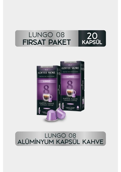 Coffee More 8 Lungo Kapsül Kahve 10 X 2 Paket 20 Adet Nespresso Uyumlu Kapsül Kahve