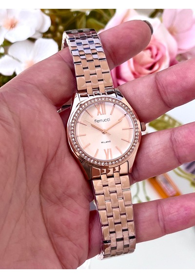 Ferrucci Fc61747 Roma Rakamlı Çelik Kasa Ve Kordon Taşlı Şık Kadın Kol Saati Rose Gold