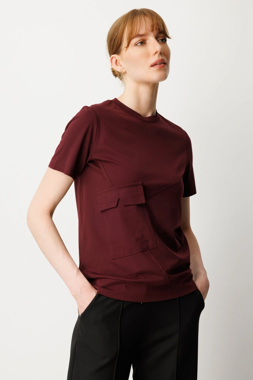 On Kadın Sıfır Yaka Cepli T-shirt 61340 Bordo Bordo