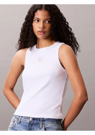 Calvin Klein A - Woven Label 2x2 Cotton Rıb T Beyaz Kadın Tişört