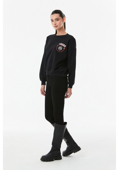 Fullamoda Tigers Baskılı Bisiklet Yaka Sweatshirt Siyah 24KGB890193113-Siyah