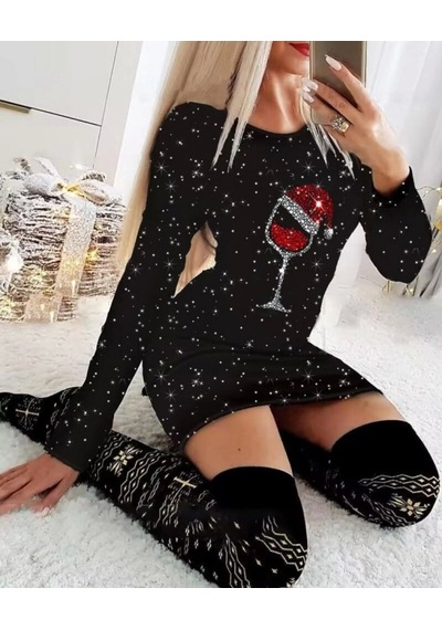 Saklımoda Kadın Uzun Kollu Taş Kadeh Baskı Mikro Mini Boy Elbise Siyah