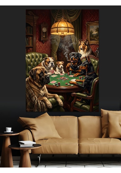 Bilardo Oynayan Köpekler Ve Kedi Dekoratif Kanvas - Mdf Ahşap Tablo