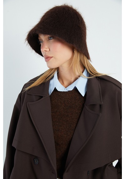 Fullamoda Beli Kemerli Kruvaze Yaka Oversize Trençkot Kahve