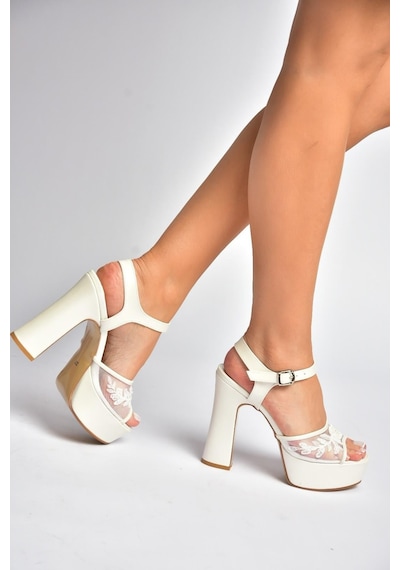 Fox Shoes Y246058709 Sedef Platform Kalın Topuklu Dantel Detaylı Gelinlik Ayakkabısı