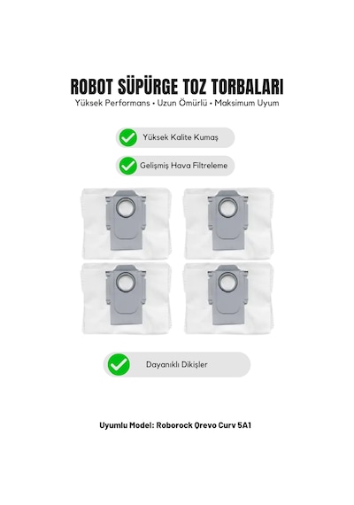 Roborock Qrevo Curv 5a1 İle Uyumlu 4'lü Toz Torbası 18.0