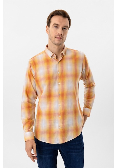 Süvari Turuncu Slim Fit Desenli Düğmeli Yaka Gömlek