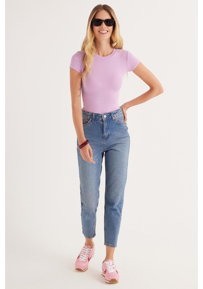 Tudors Kadın Slim Fit Dar Kesim Bisiklet Yaka Viskon Kumaş Ultra Soft Lila Tişört-34855 Lila