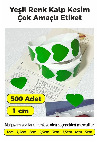 Yeşil Renk Kalp Kesim Sticker Etiket 1cm - 500 Adet Yeşil