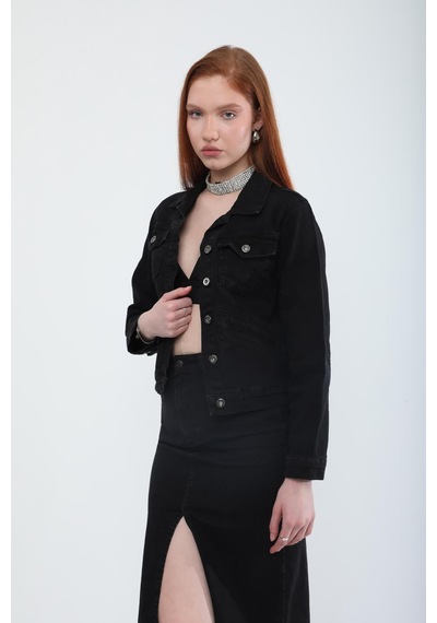 Kadın Cep Detaylı Slim Fit Jean Ceket Siyah 001